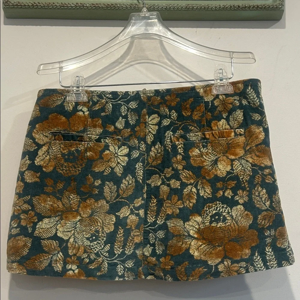 Free People Velvet Emerald Gold Floral button front Mini Skirt size 12 women’s